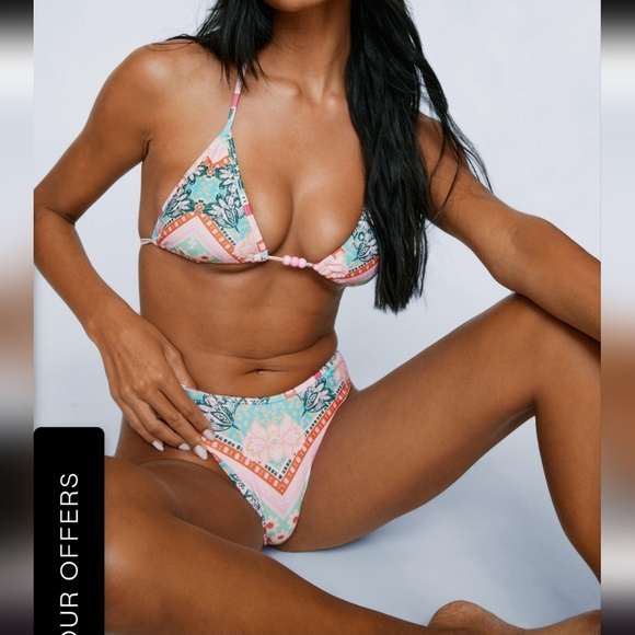 Nasty Gal Floral Boarder Boho Print Tassel Beaded  Bikini Swimsuit Set Size 8 - Picture 2 of 10